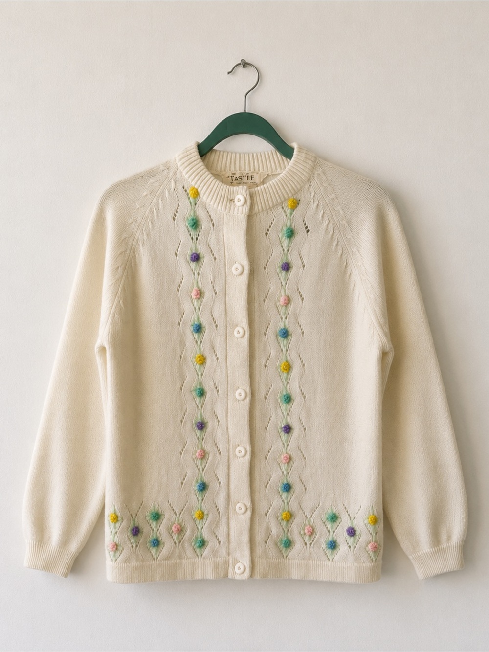 Vintage 1960s Teri-Jo New York Embroidered Knit Cardigan – Cream